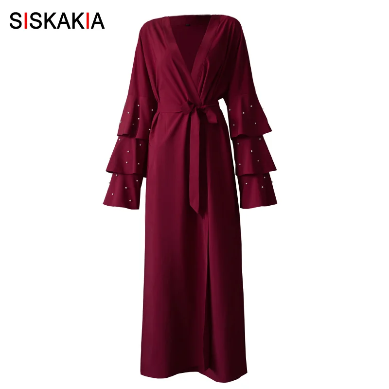 Siskakia, женский кардиган abaya, украшенный бусинами, многослойные халаты с расклешенными рукавами, женские халаты, ислам, Арабский Дубай - Цвет: Burgundy dress