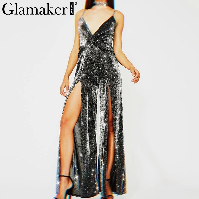 Glamaker Birght yarn side split sexy jumpsuit Women v neck backless jumpsuit rompers Spring elegant streetwear playsuit overalls