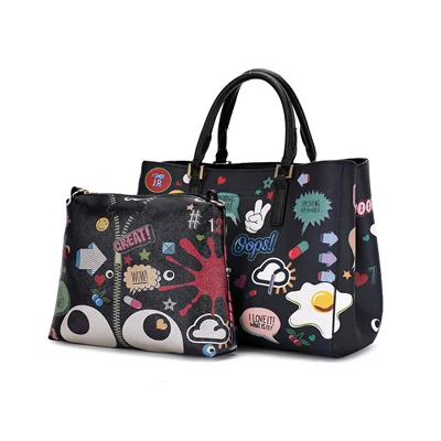 Женская сумка дизайнерский бренд Граффити Печатный Большая Сумка через плечо композитная сумка 2 шт мультфильм большой глаз сумка - Цвет: black