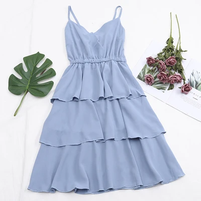 SINGRAIN летнее женское платье без рукавов с ярусными лямками, однотонное элегантное шифоновое платье трапециевидной формы, праздничные вечерние платья с ниспадающими оборками - Цвет: sky blue