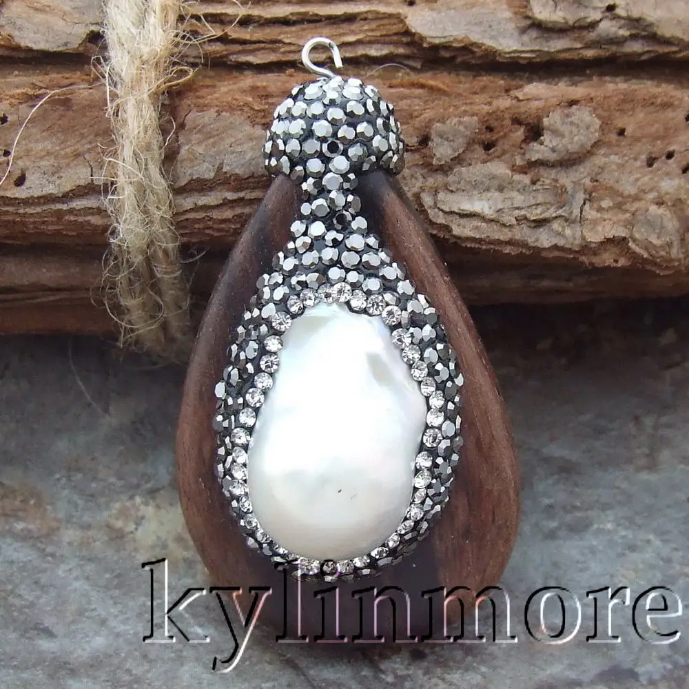 

HP003 1 PCS 30x50mm Wood White Keshi Pearl Pendant Trimmed With Crystal Zircon