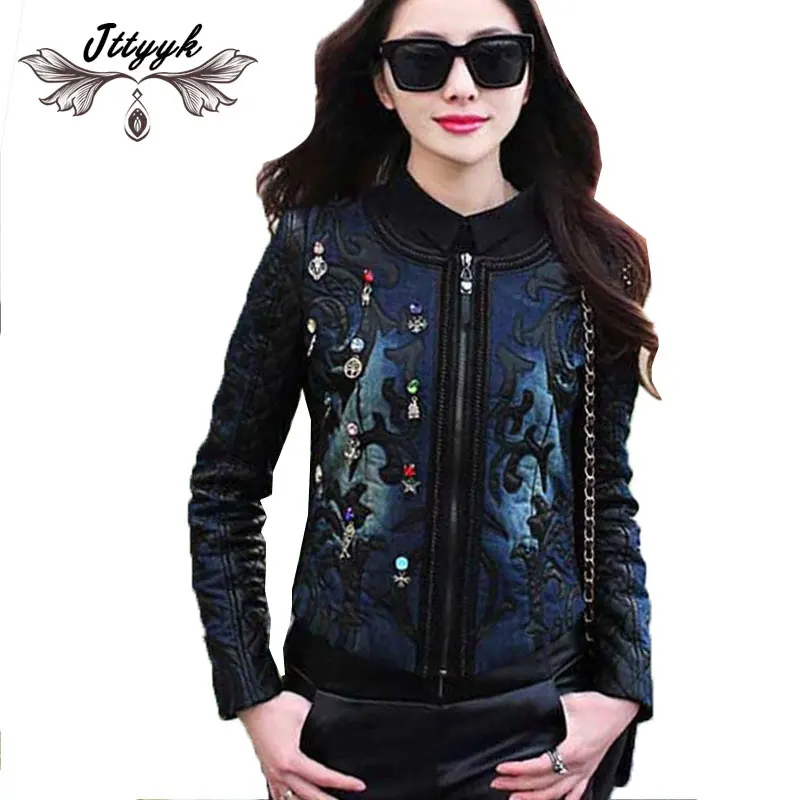 

Autumn winter Short Denim jacket Womens Hand-beaded Jeans Stitching PU leather Jackets Female Retro Basic Coats casaco feminino