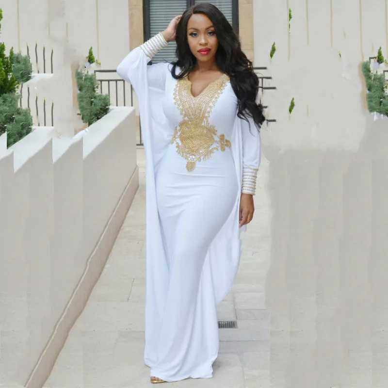 Dubai Evening Dresses Long Sleeve White and Gold Prom Dress Beaded