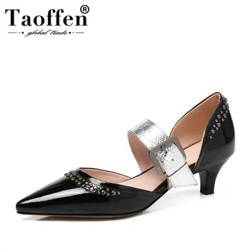 

TAOFFEN Women Real Leather High Heel Sandals Pointed Toe Rivet Buckle Sandals Summer Fashion Party Shoes Women Size 34-43