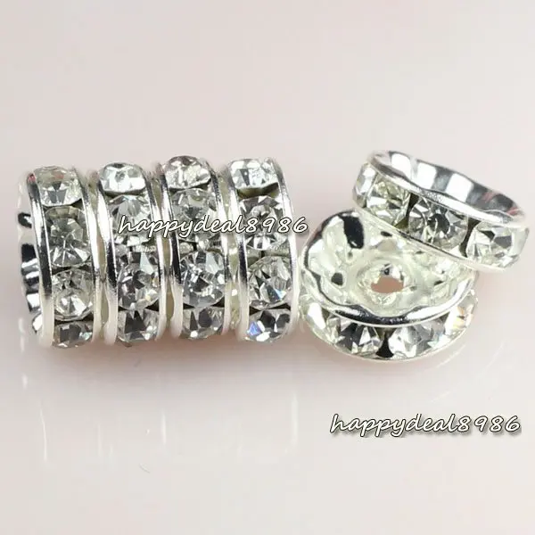 

P02-8,wholesale! Free shipping! 8mm Silver plated rondelle Straight edge rhinestone crystal spacer beads,Grade A,100pcs/lot