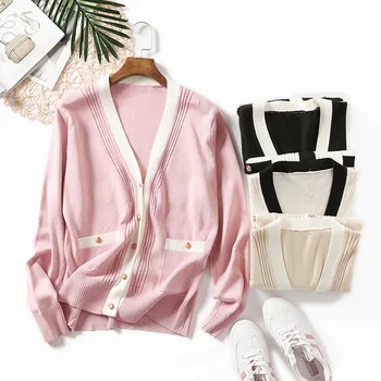

New 2018 autumn winter leisure knitted cardigan female V collar slim sweater crash color bottoming coat