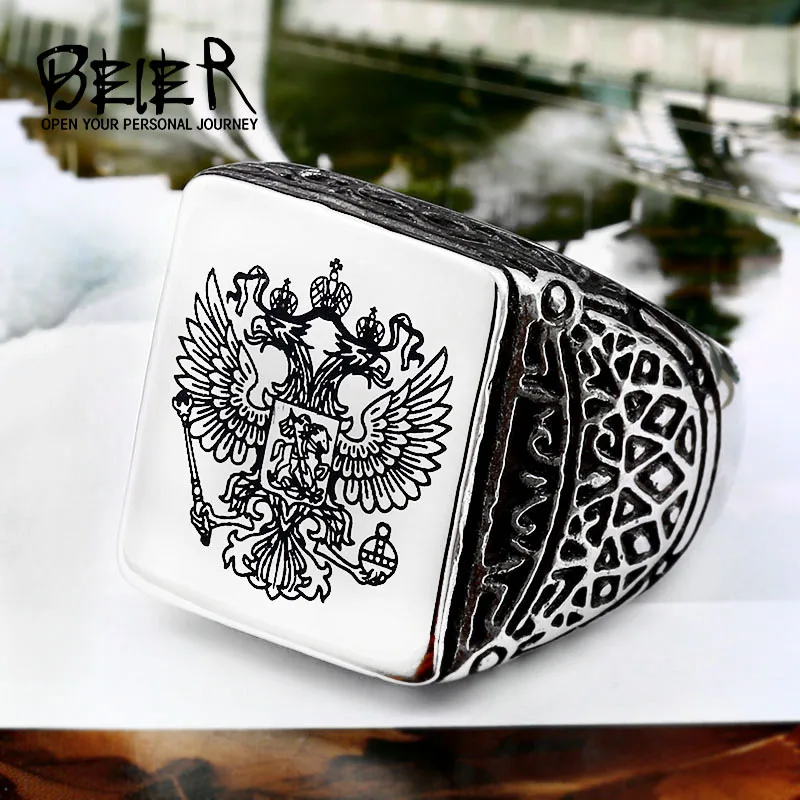Men's Stainless Steel Vintage Knight Russian Double Eagle Signet Ring - High Polished Silver Tone, Size 13 - View #11