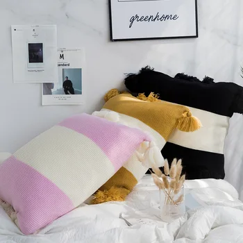 

45x45/65x35cm cotton thread cotton cushion cover striped pattern wool thread pillowcase lumbar pillow cover with wool ball