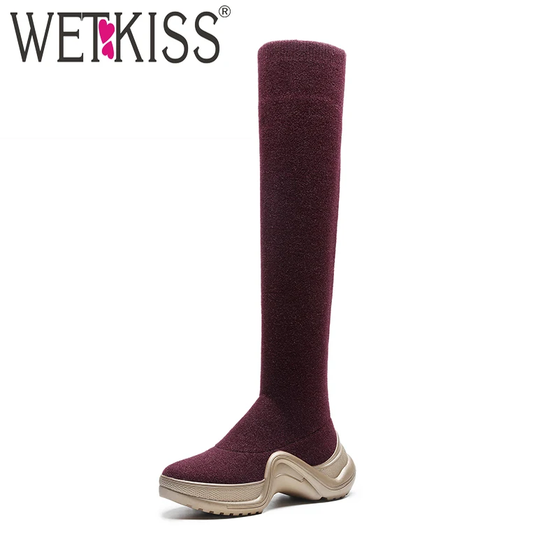 

WETKISS Over The Knee Women Boots Round Toe Flat With Footwear Casual Platform Female Boot Elastic Knitted Shoes Woman Winter