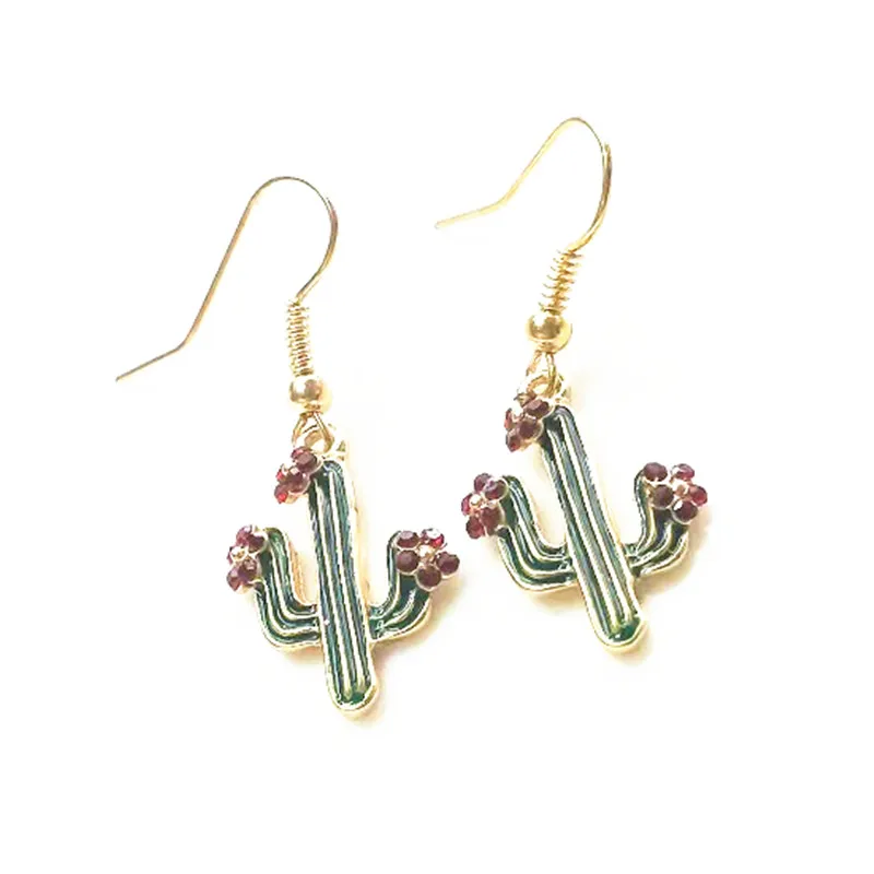 

New Design Brand Gold Earring For Women Fashion Jewelry Red Crystal Flower Green Enamel Cactus Earring Bijoux femme Wholesale