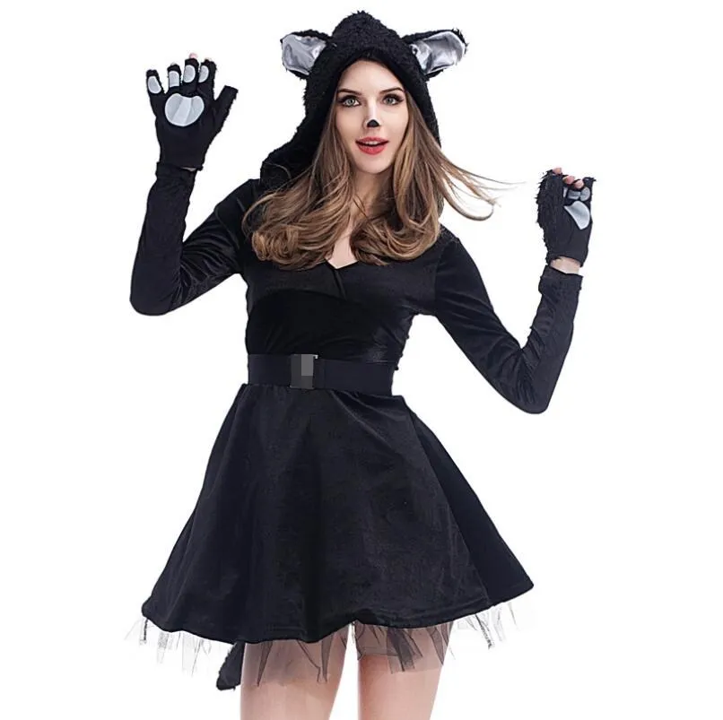 

Women Short Dress Halloween Cosplay Black Mesh Dress With Cat Ears Party Clubwear Dress Vestidos