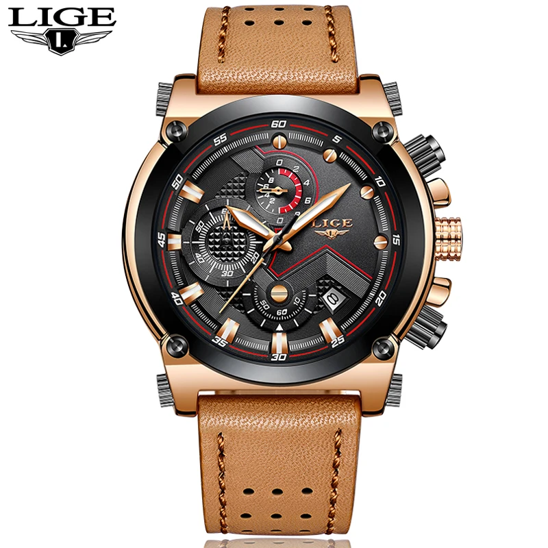 

LIGE Men army sport luminous Quartz Wristwatch Luxury Male Clock brown Watchband Man waterproof Watch relogio masculino hot sale