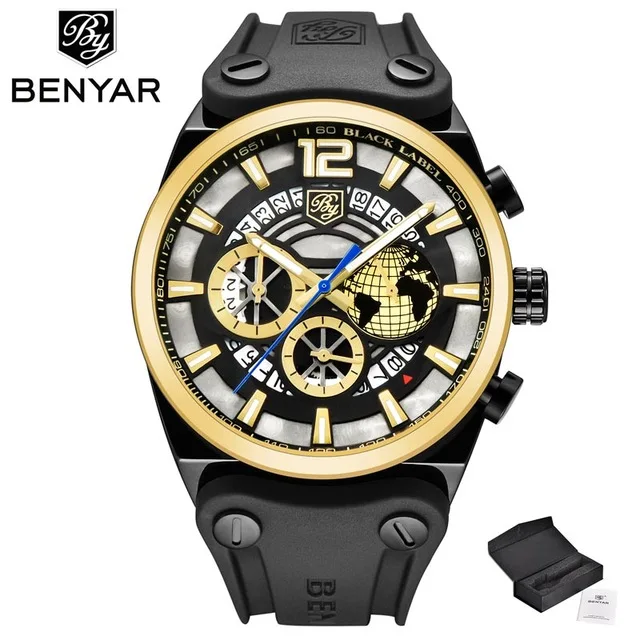 Benyar мужские часы водонепроницаемые часы люксовый бренд кварцевые часы мужские часы с датой Скелет секундомер часы мужские часы Relogio Masculio - Цвет: black 2