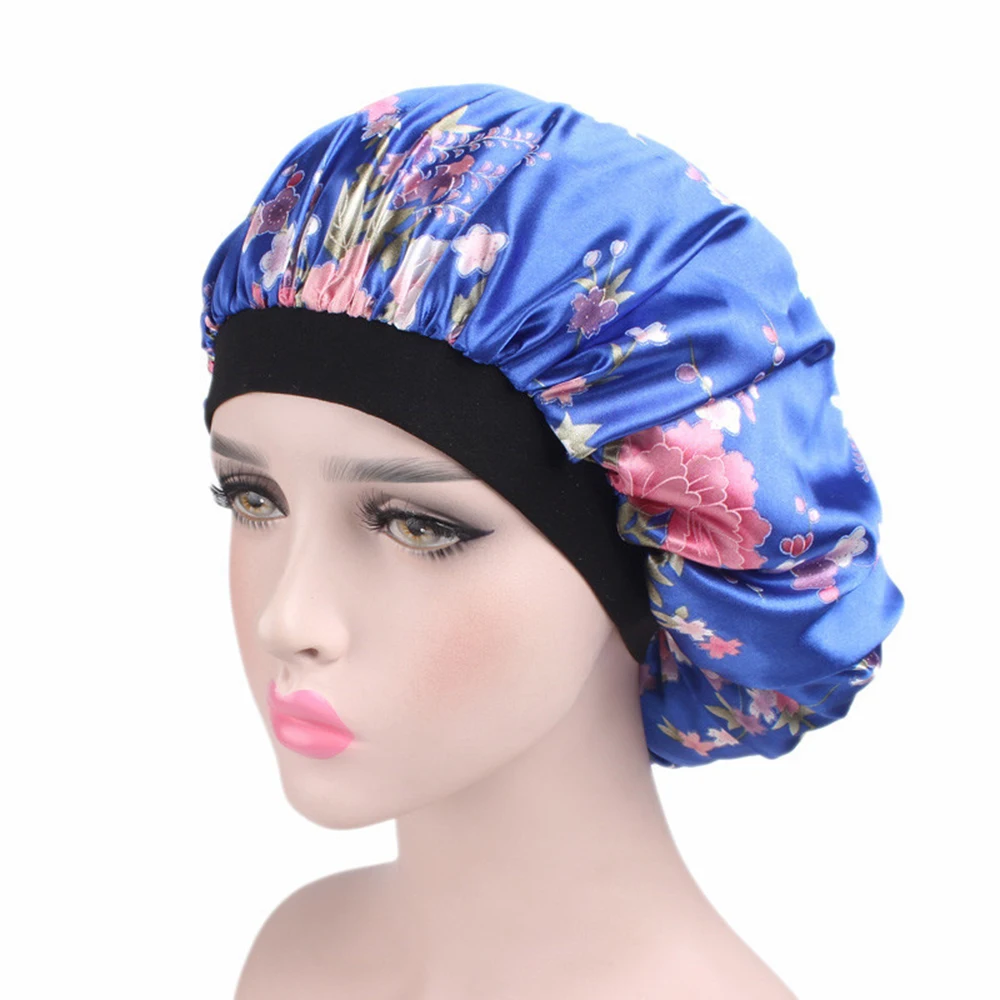 58 см Новая модная женская атласная ночная шапочка для сна шапочка для волос шапочка для душа s шелковая Крышка для головы широкая эластичная лента - Цвет: royal blue flower