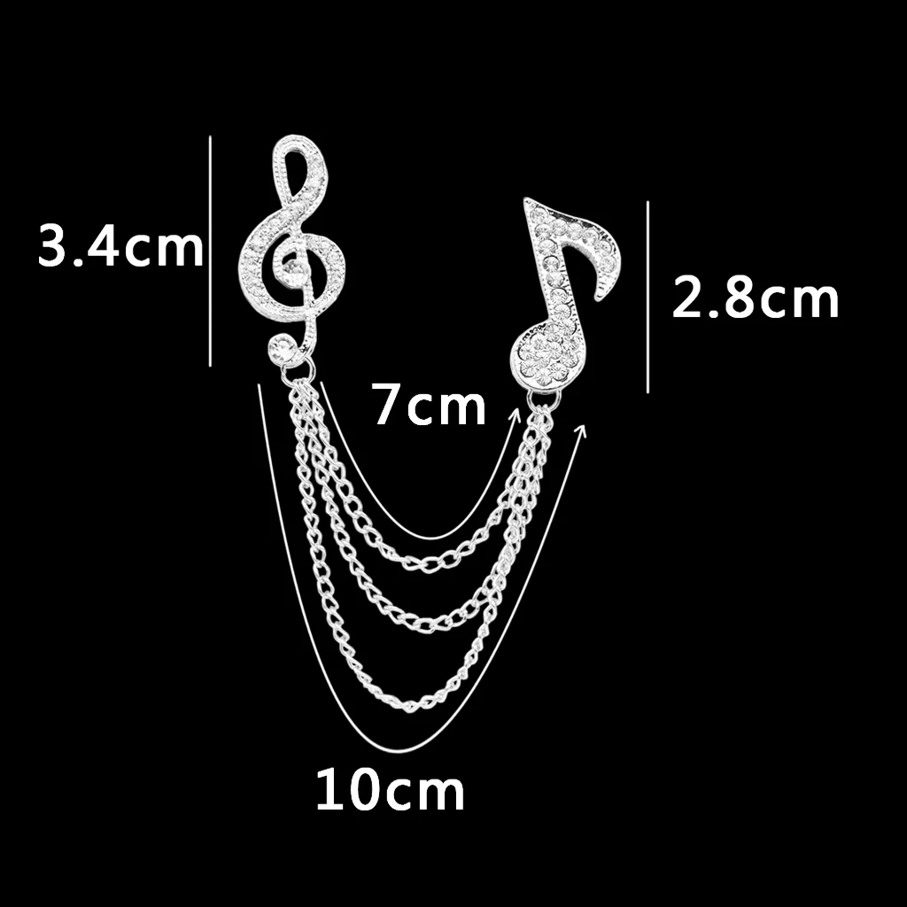 Crystal Music Note Chain Brooch Pin Shirts Neck Collar Tips with Layers Tassel Chain Blouse Lapel Pins Fashion Jewelry