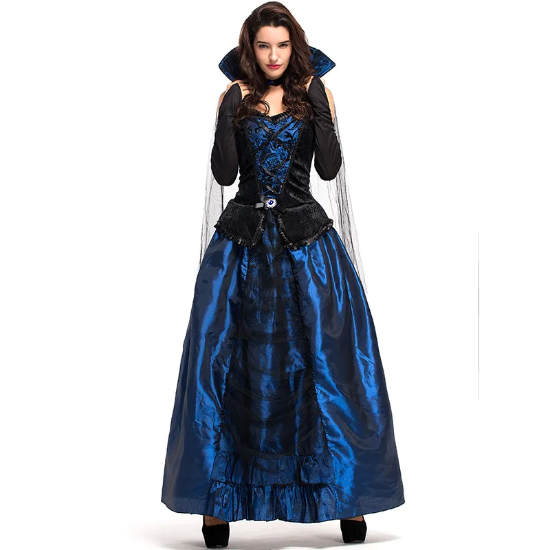 Cosplay halloween carnival party women Blue enchantress court dress Queen Earl dress Vampire suit sorcerer dress/hat adult