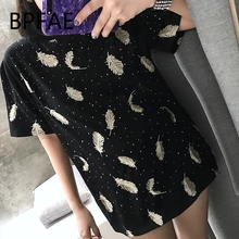 Блестящие футболки женские блестящие топы летние с коротким рукавом черные белые хлопковые футболки золотые перья вышивка горный хрусталь Camisetas Mujer