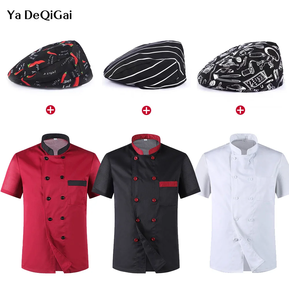 

Unisex short sleeves Restaurant Kitchen Chef Uniform Shirt Breathable Chef Jacket+cap+apron work clothes for men women Wholesale