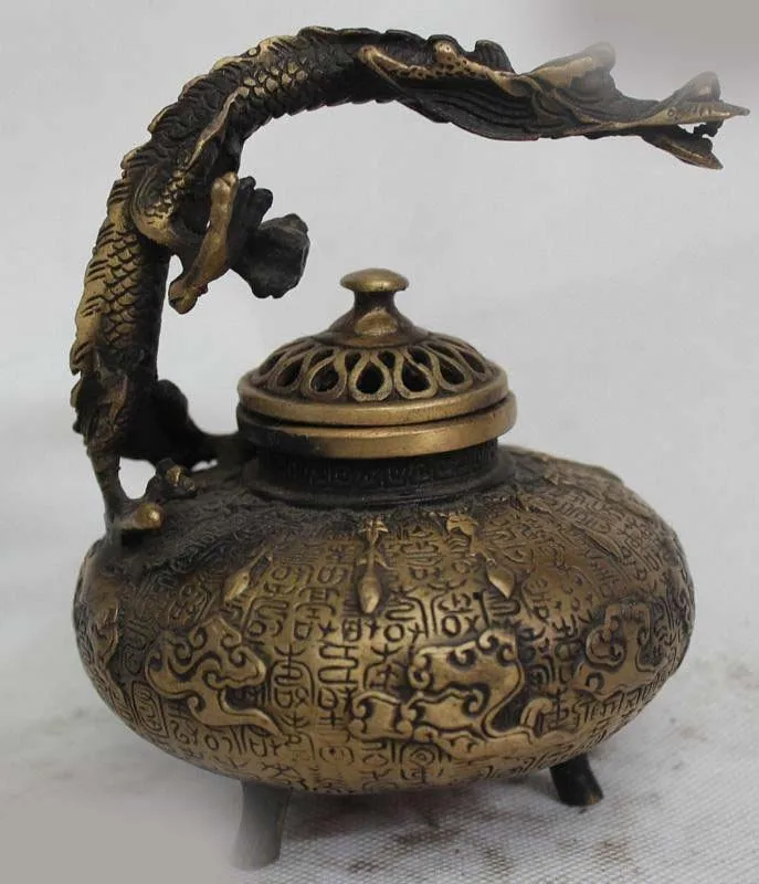 

5"Chinese China Bronze Lifelike Lucky Dragon beast Statue Incense Burner Censer