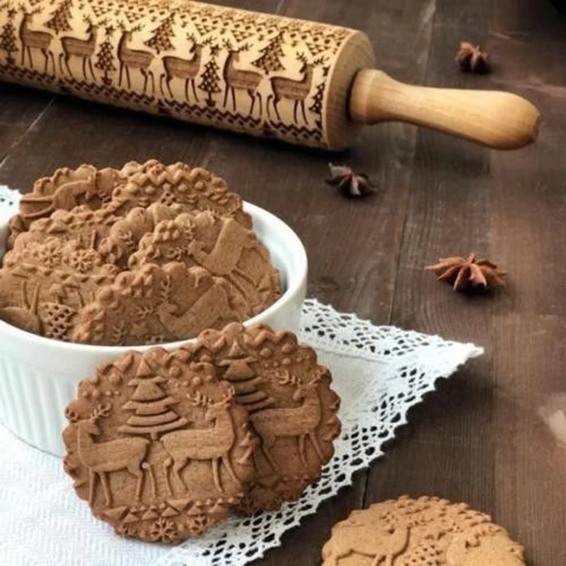 Christmas Embossing Rolling Pin Baking Cookies Noodle Biscuit Fondant Cake Dough Engraved Roller Reindeer Snowflake