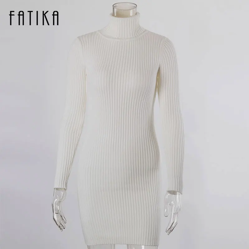 FATIKA, Мода, женский свитер, Осень-зима, платья, тонкий, водолазка, сексуальный, бодикон, сплошной цвет, халат, трикотажное платье - Цвет: White