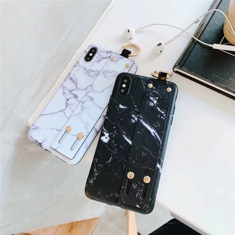 Retro Wrist Strap Phone Case for iPhone XS MAX Case for iPhone X XR 6 6S 7 8 Plus Case Luxury Matte Marble Patterned Back Cover 01