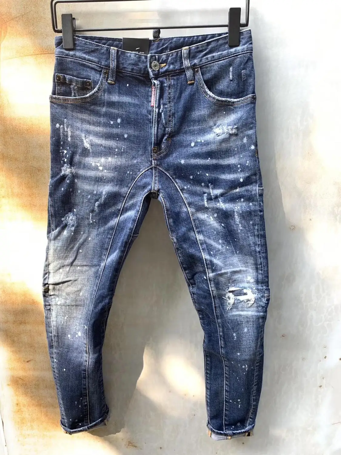 

European American famous brand design jeans pants Men Slim jeans denim trousers button blue hole Pencil Pants jeans for men