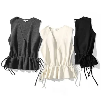 

Spring Autumn Winter Female New Cashmere Sashes Vest Sleeveless Sweater women girls office lady Knitting College V-Neck shirts