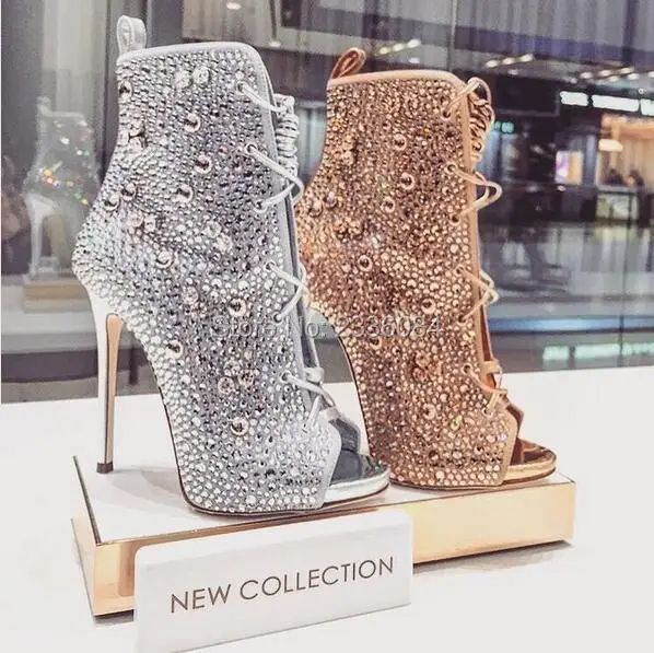 

New Rhinestone Peep Toe Shoes Women High heels Stiletto Heel Gladiator Sandals Boots Ladies Crystal Lace Up ankle booties