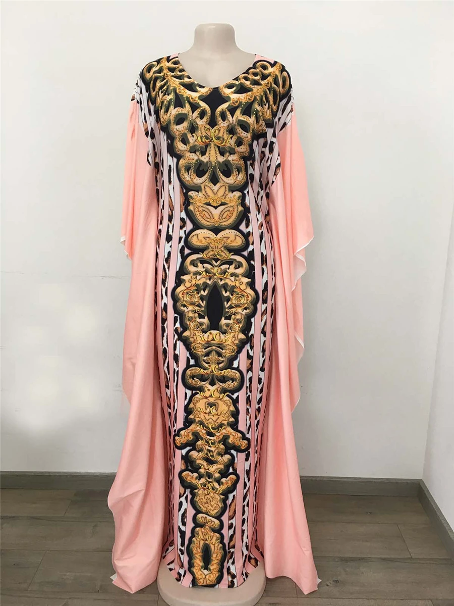 BAIBAZIN New African Dress Hot Sale Digital Printing Leopard Point Stripe V-neck Slim Side Lotus Leaf Hot Drilling