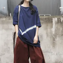 Дизайн, летняя женская хлопковая и льняная v-образный вырез, окрашенная куртка с круглым вырезом и коротким рукавом, футболка D771