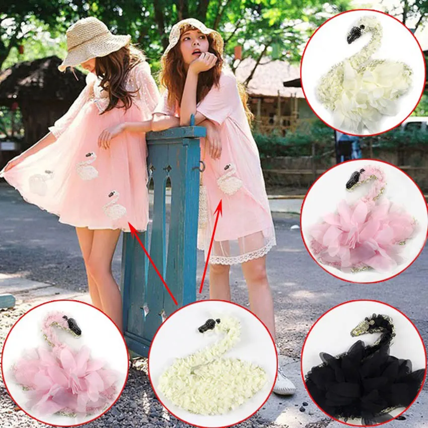 

New white chiffon swan Animal pattern lace applique diy cloth embroidery sew on patches for children bag cloting craft fabric