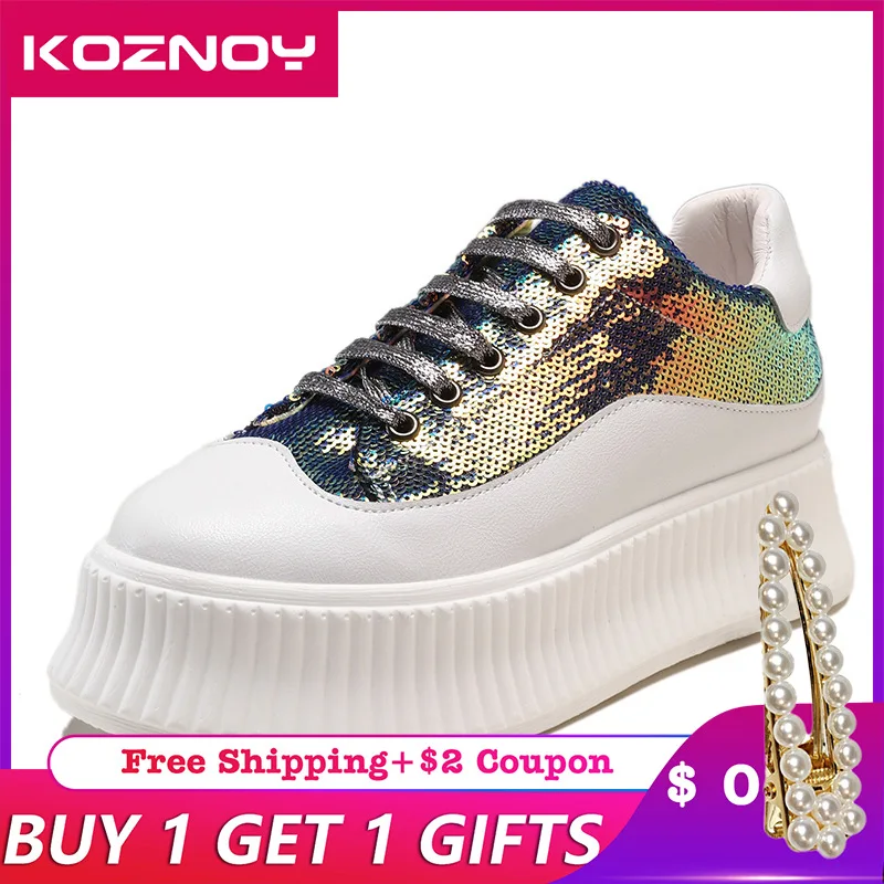 

Koznoy Small White Shoes Thick Bottom Spring Dropshipping Korea Edition Increased Student Sequins Fashion Leisure Women Shoes