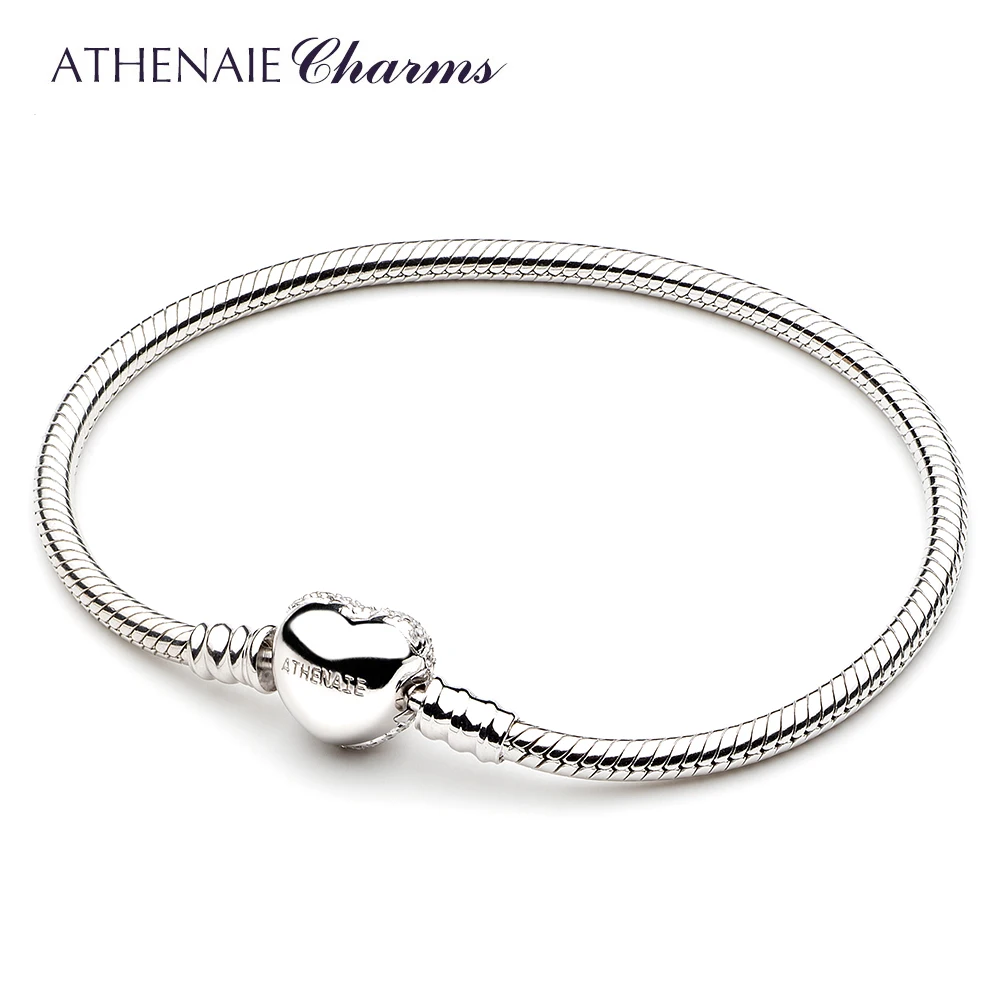 ATHENAIE 925 Sterling Silver Snake Chain With Pave Clear CZ Heart Clasp Bracelet Fit All European Charm Beads Christmas Jewelry