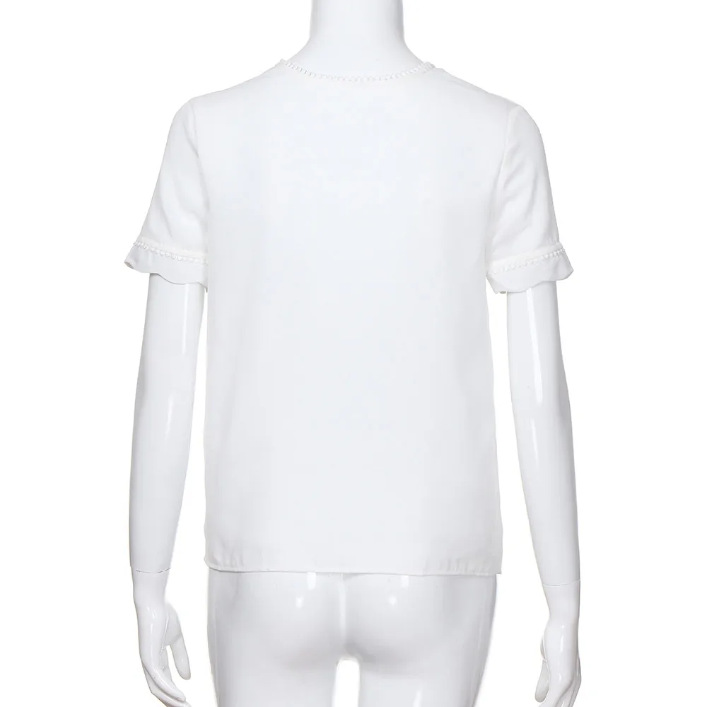 Женский шифоновый белый топ с v-образным вырезом и пуговицами, кружевной сексуальный топ с коротким рукавом, элегантная рубашка с вырезами и вырезами