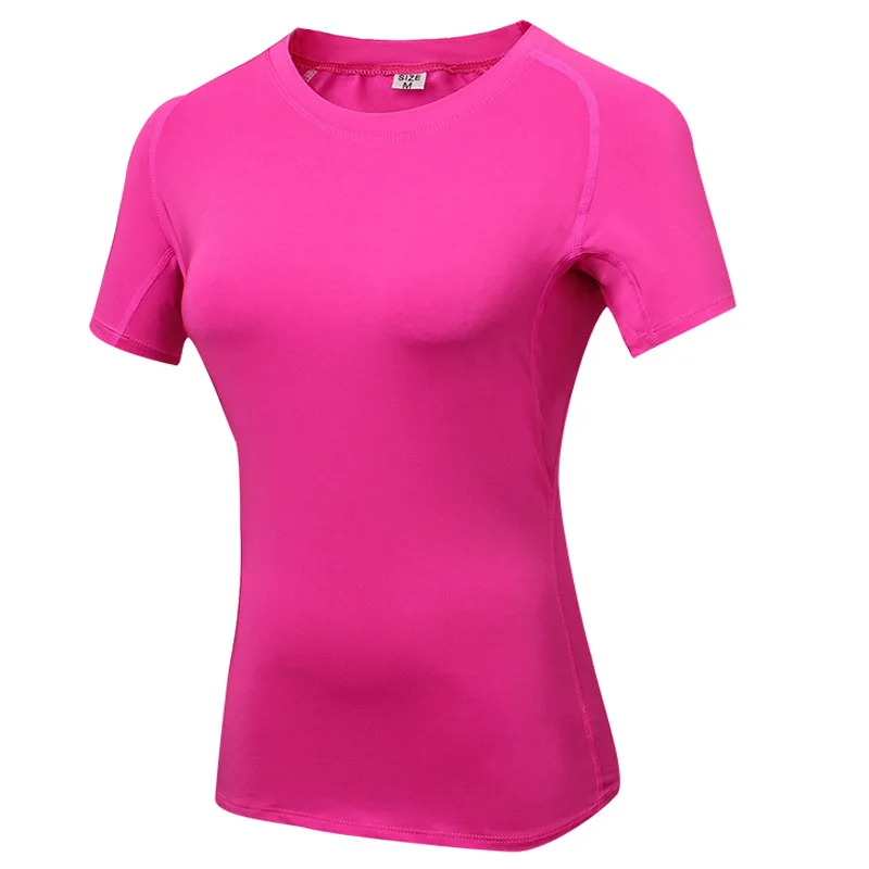 Тренажерный зал Футболка компрессионные колготки Для женщин Спортивная футболка сухой Быстрый бег короткий рукав футболки Фитнес женская одежда футболки и топы - Цвет: pink