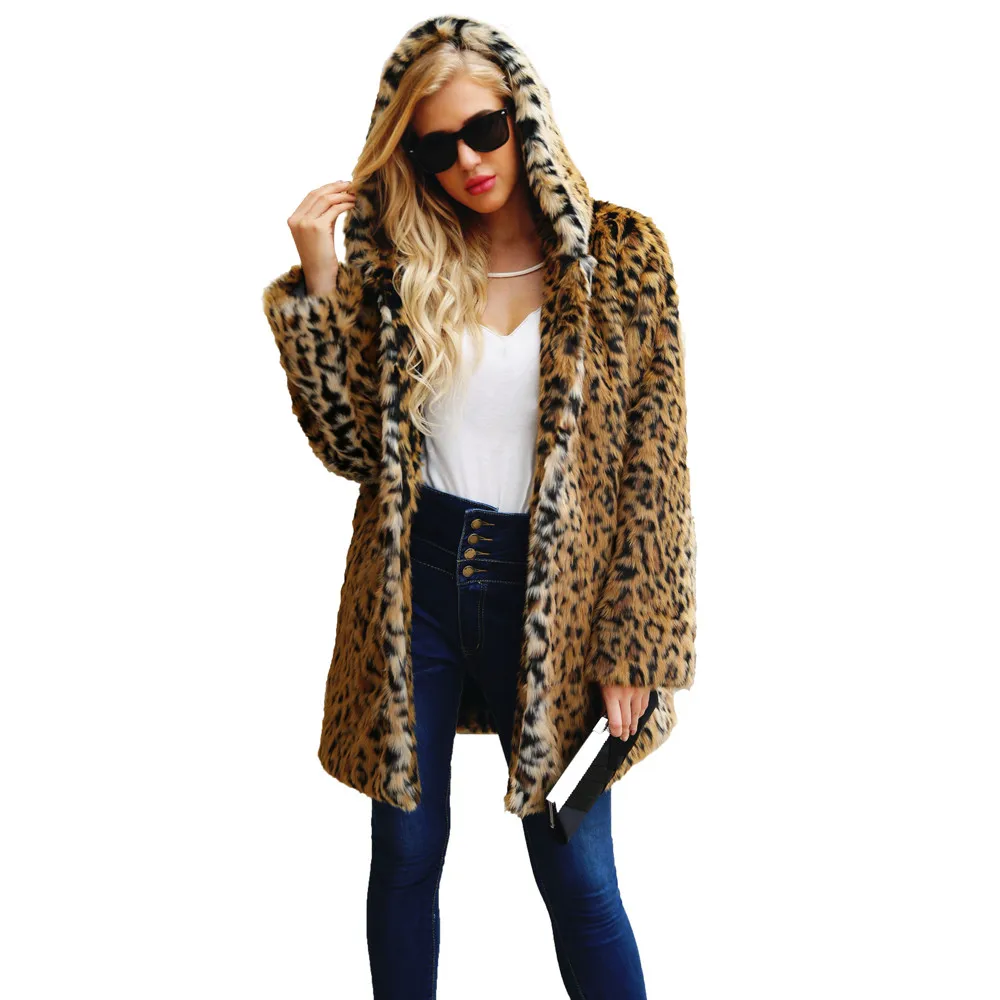 Womens Ladies Hooded Jacket Leopard Print Faux Fur Coat Jacket Winter