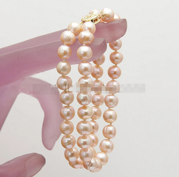 

shipping lovely 2 row 7-8mm Pink fresh water cultured pearl bracelet 8.5" 14KGP/20