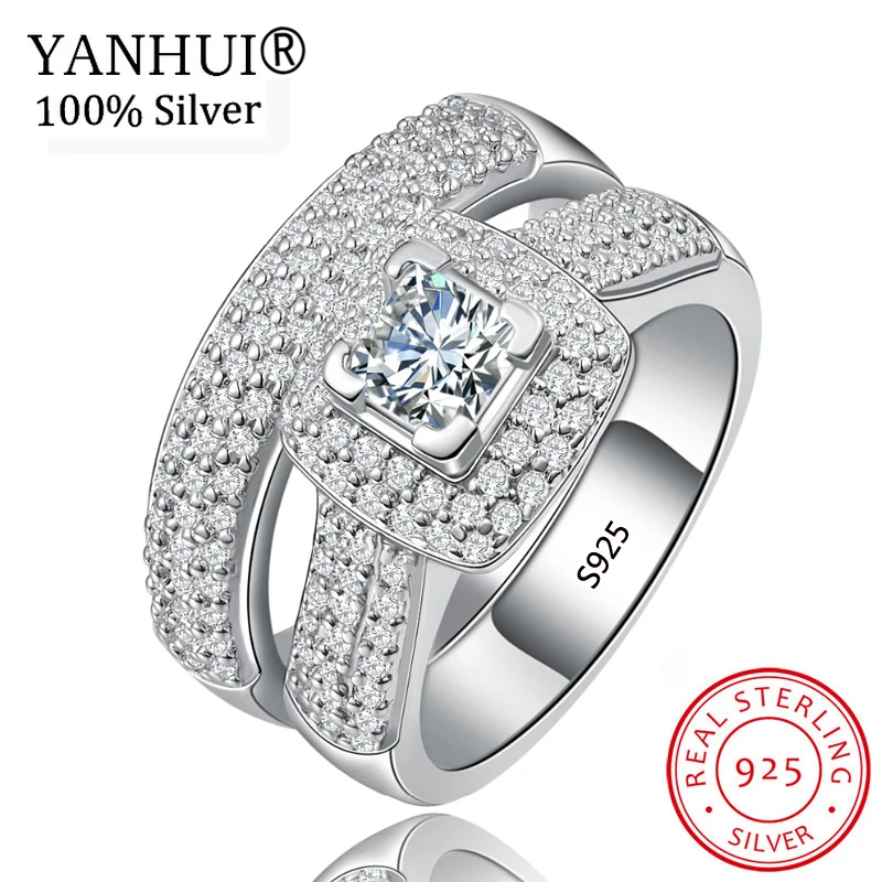 

2Pcs/set 100% Original Solid 925 Silver Ring Set For Women Wedding Jewelry Sparkling Rhinestone Engagement Rings Wholesale HR149