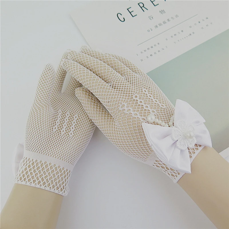 Белые кружевные ажурные перчатки с искусственным жемчугом для причастия с цветами для девочек от 4 до 15 лет, вечерние аксессуары для свадебных церемоний