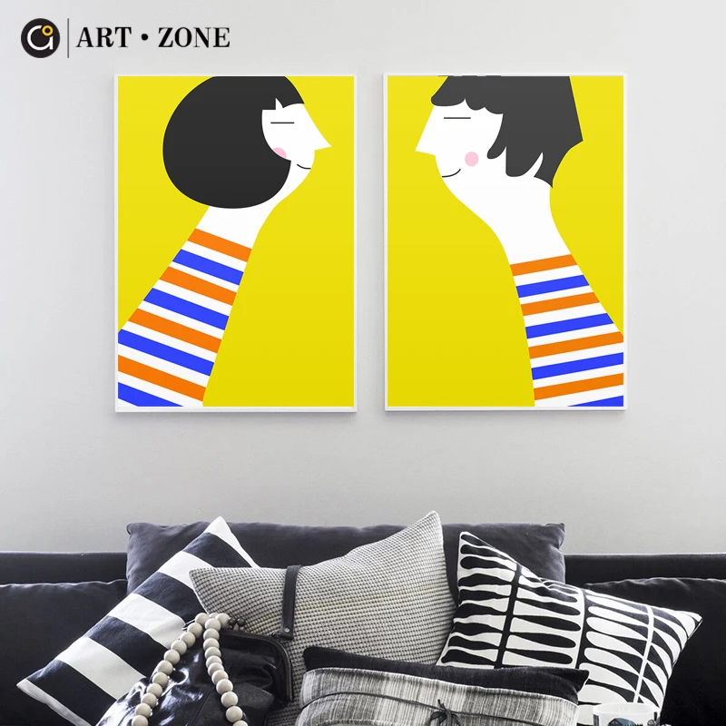 

ART ZONE Smiling Couple Cartoon Figure Painting Wall Art Poster Print Picture Minimalist Lovers Art Home Bedroom Decor Painting