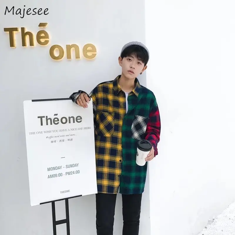 

Shirts Men 2019 Spring Long Sleeved Stand Collar Patchwork Leisure Loose Shirt Mens Korean Style All-match Students Daily Tops