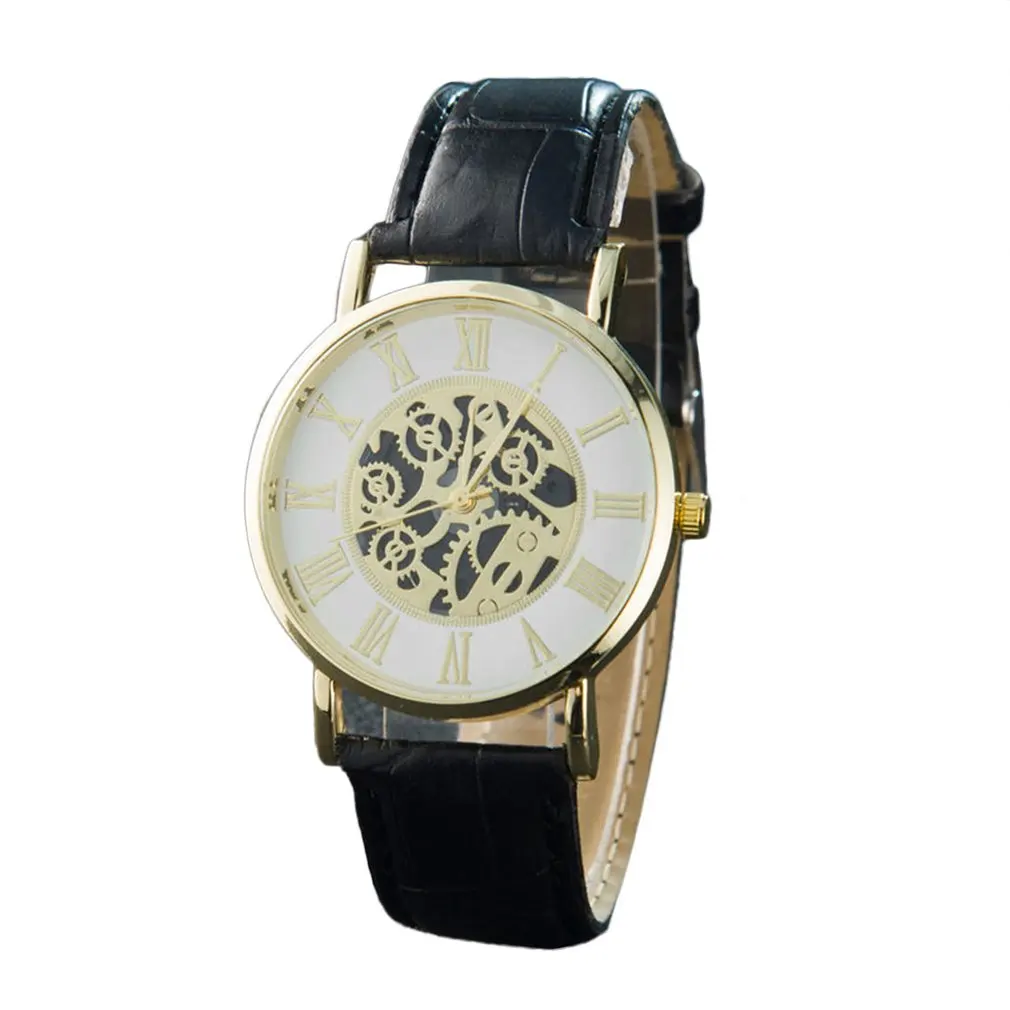 Модные мужские часы-Скелетон гравировка полые Reloj Hombre платье кварцевые наручные часы PU Кожаный ремешок женские часы
