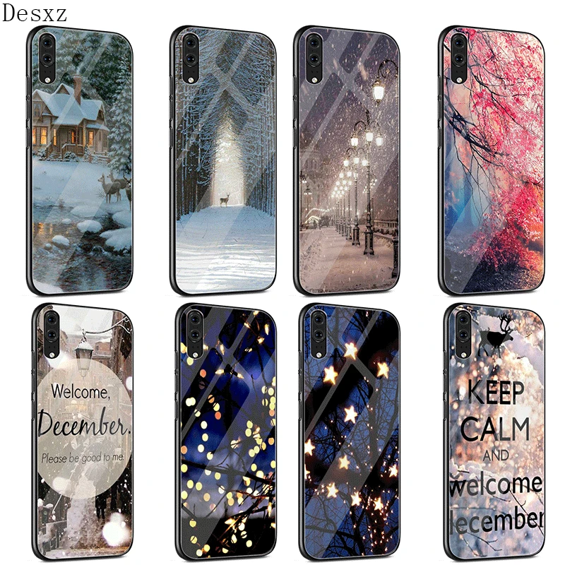 

Glass Case For Huawei Honor 7A 8X P10 P30 P20 Mate 20 Pro 9 10 Lite Y6 Prime Y9 P Smart Phone Cover Landscape Winter Light Snow