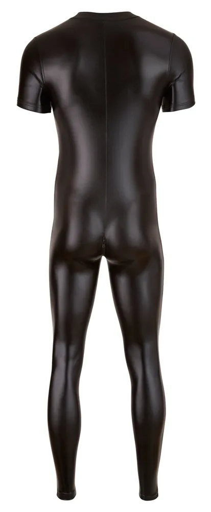 S-3XL Sexy Men Short Sleeve Tight Jumpsuit Faux Leather Two Zipper Open Crotch Bodysuit Fetish Costume Night Club DS Lingerie