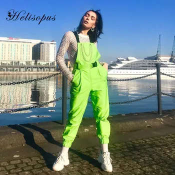 

Helisopus Neon Green Overalls for Women Clothing Shoulder Chain Buckle Pocket Casual Romper Women Jumpsuit Summer Streetwear
