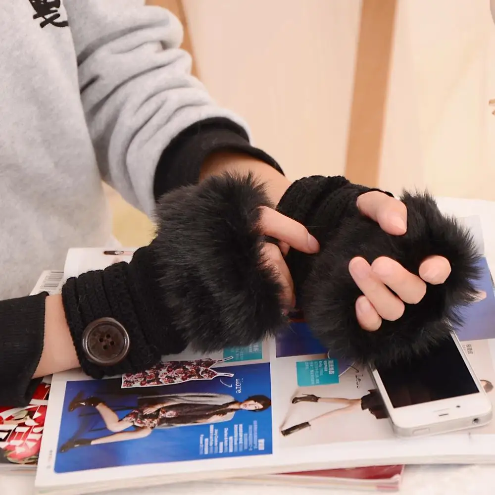 Теплые зимние женские вязаные Лоскутные перчатки из искусственного кроличьего меха, перчатки на запястье, женские толстые перчатки без пальцев, мягкие перчатки с пуговицами - Цвет: black