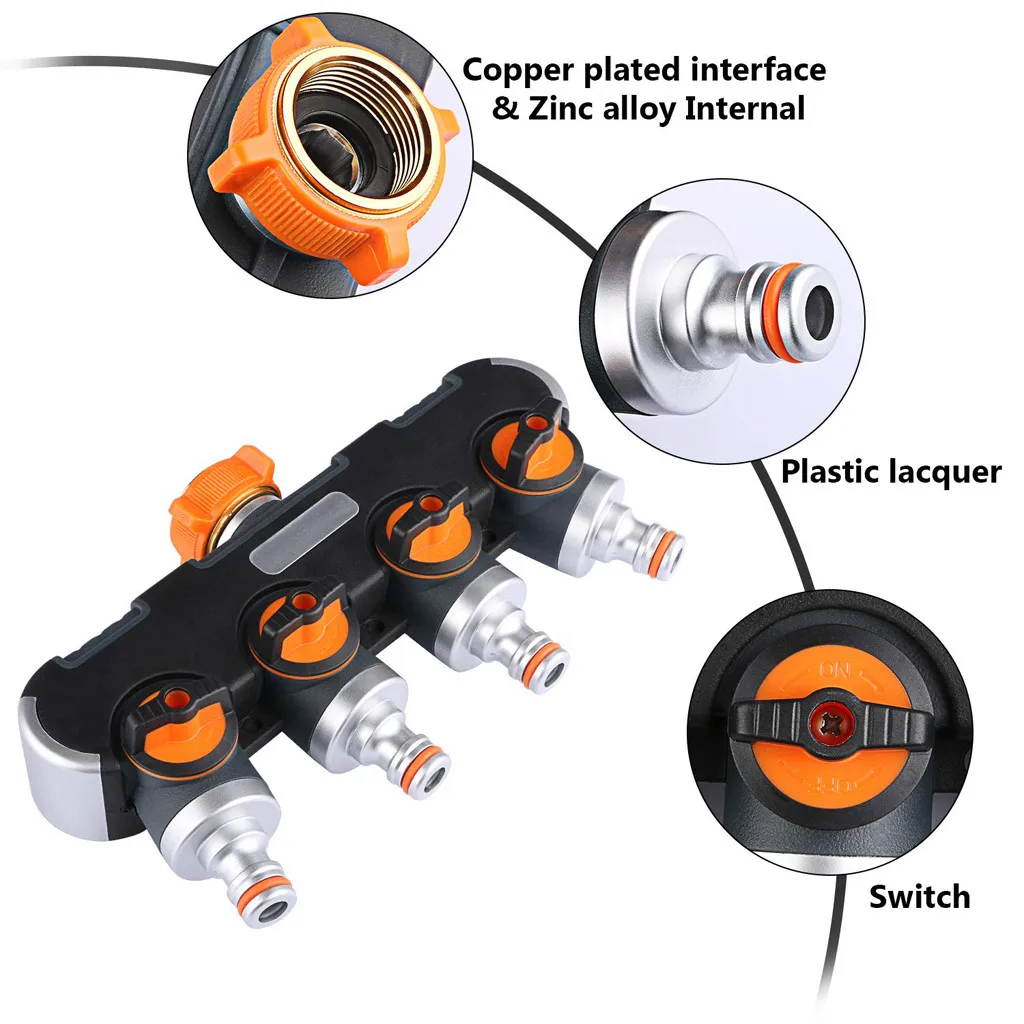 Разветвитель для садового шланга 4 пути прорезиненный кран соединители шланга адаптер распределитель воды Орошение Для цветников газонов#3/6