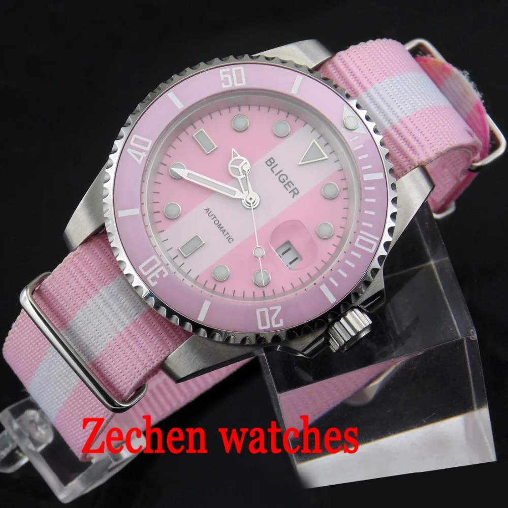 

BLIGER mens watch 40mm Ceramic Bezel Luminous pick white dial Sapphire Automatic Nylon Bands watch