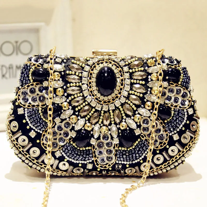 Rhinestones Black Luxury Clutch Bag Diamonds Beaded Metal Evening Bags